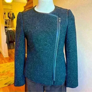 Ann Taylor Tweed Wool Silk Blend Faux Leather Trim Women's Zip  Jacket Petite 2P